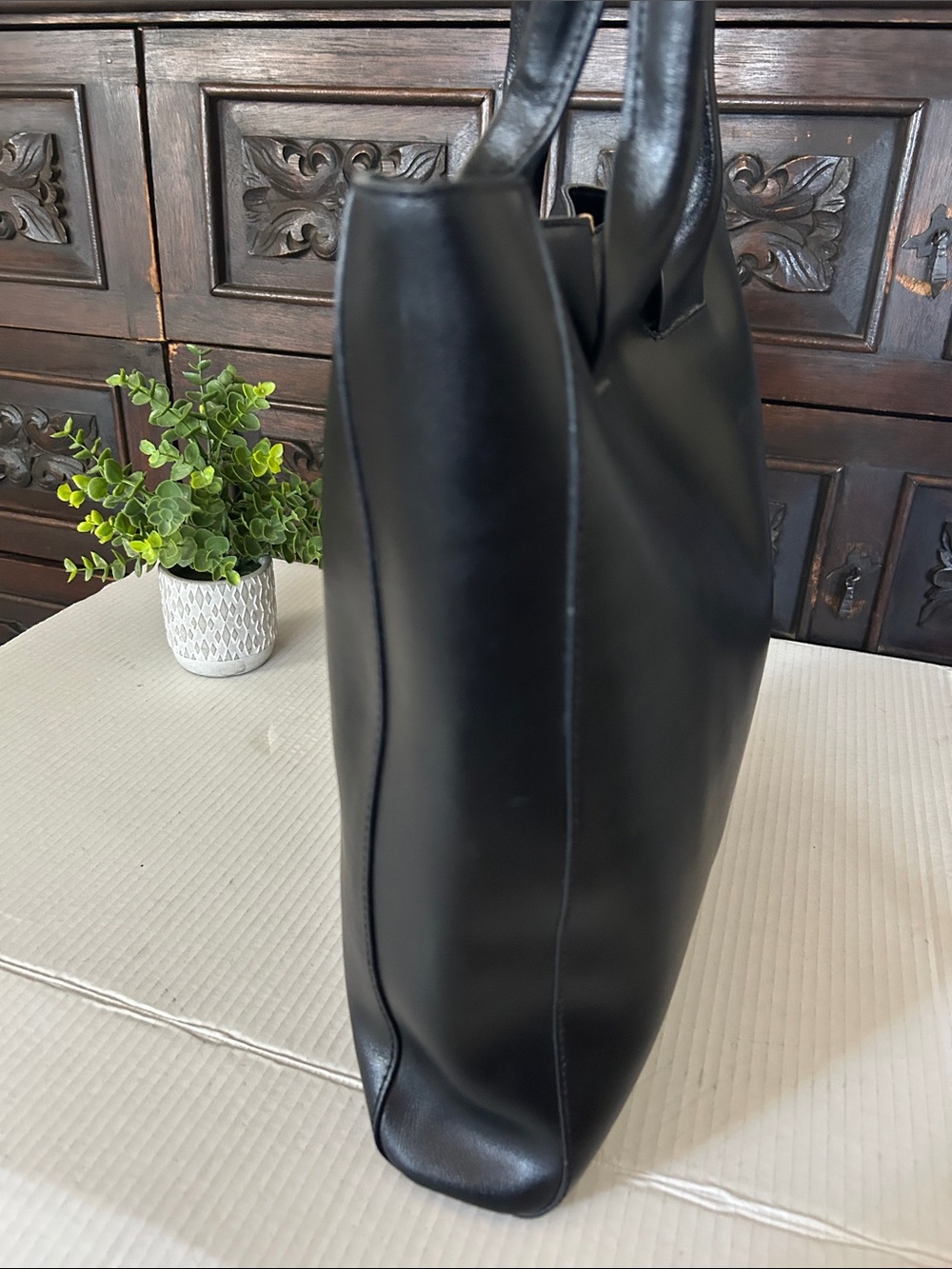 BCBGMaxAzria Black Leather Double-Handle Tote with Gold Accent - Picture 6 of 11